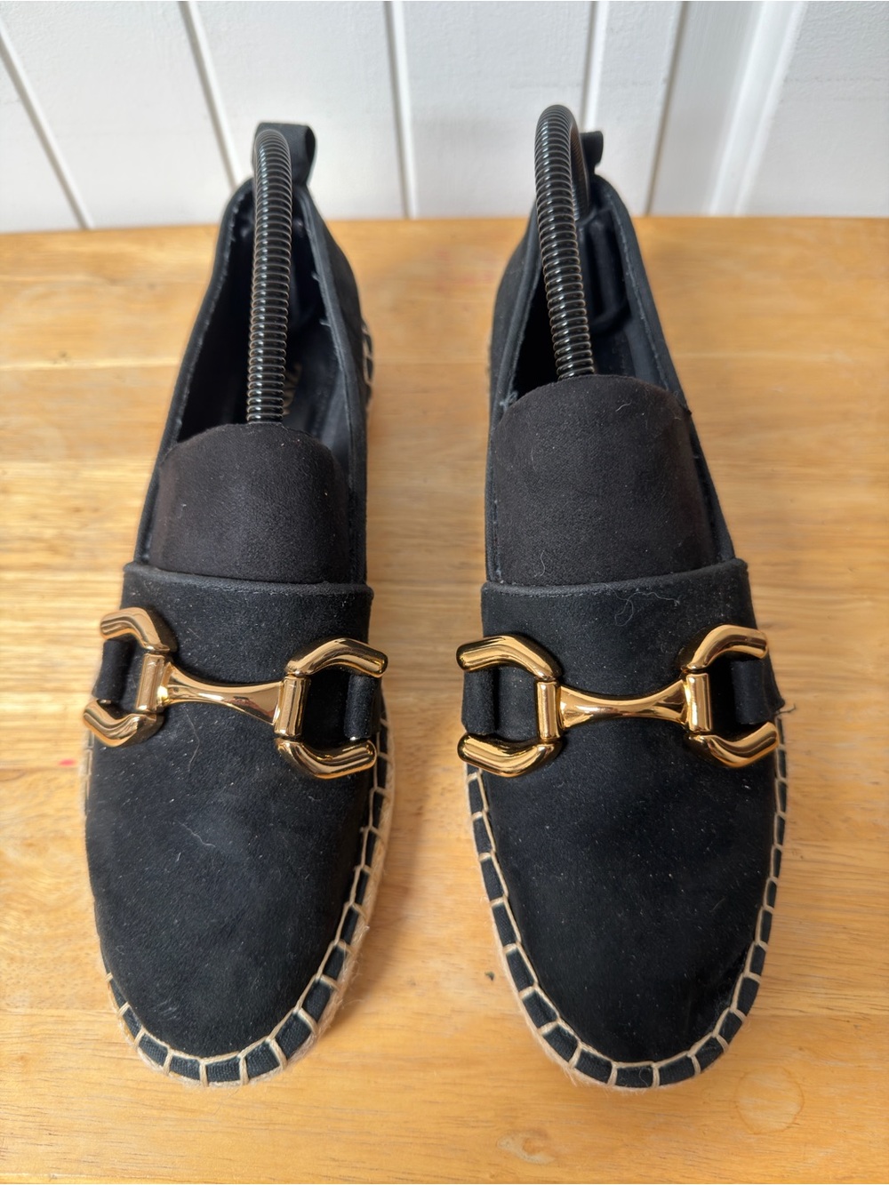 Zara Black Suede Espadrille Flats Gold Horsebit Buckle Women’s Size 39/US 8.5